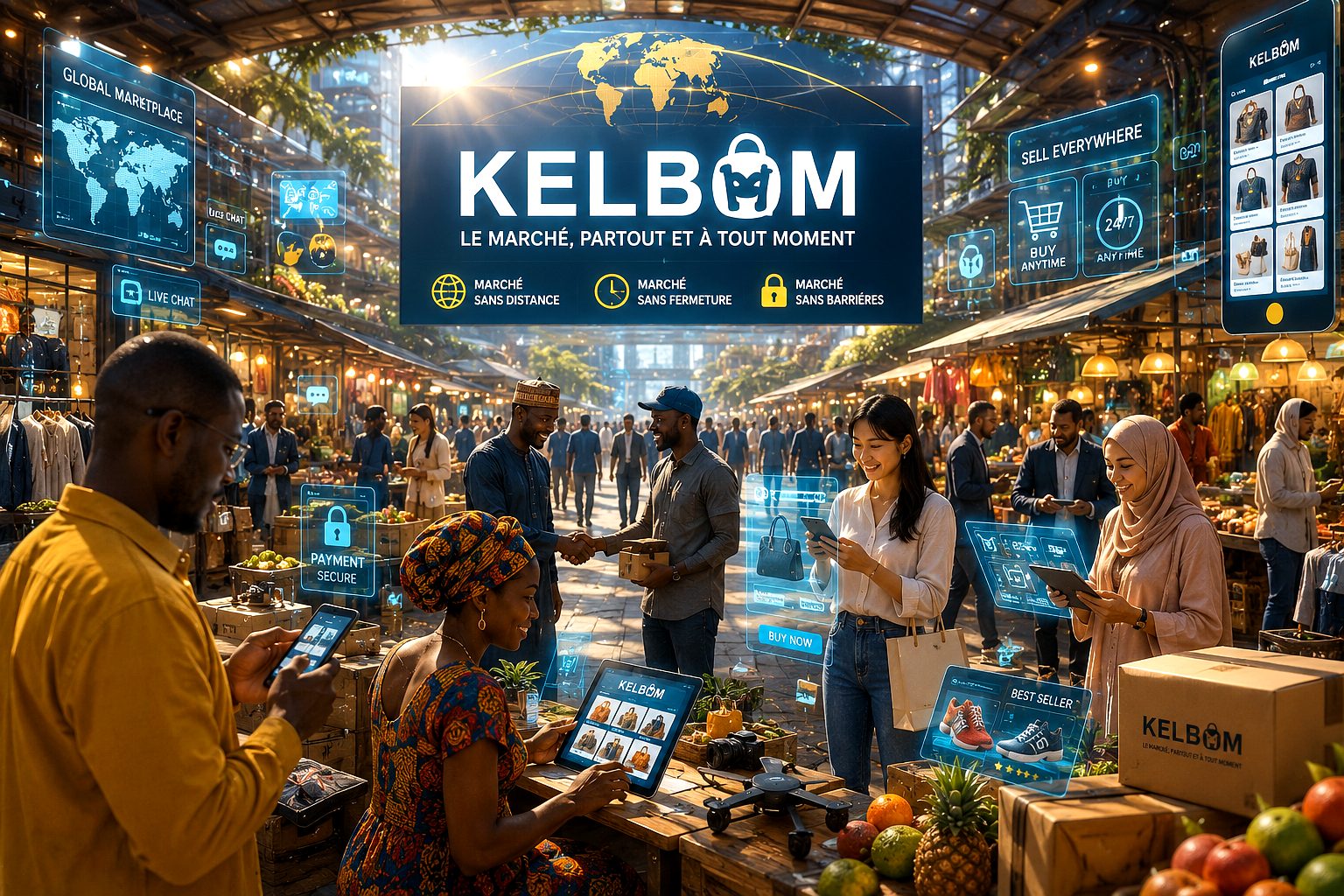 Kelbom marketplace with shoppers browsing Stands