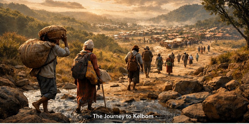 The journey to Kelbom — travelers walking toward the market at dawn