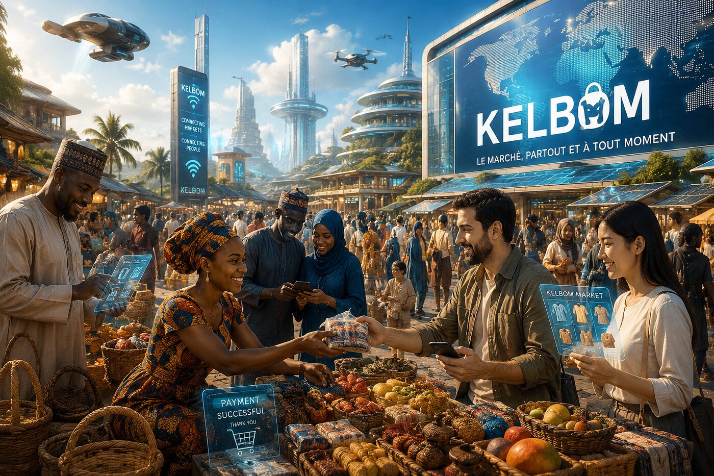 Kelbom tomorrow — a joyful futuristic borderless marketplace where everyone trades with ease