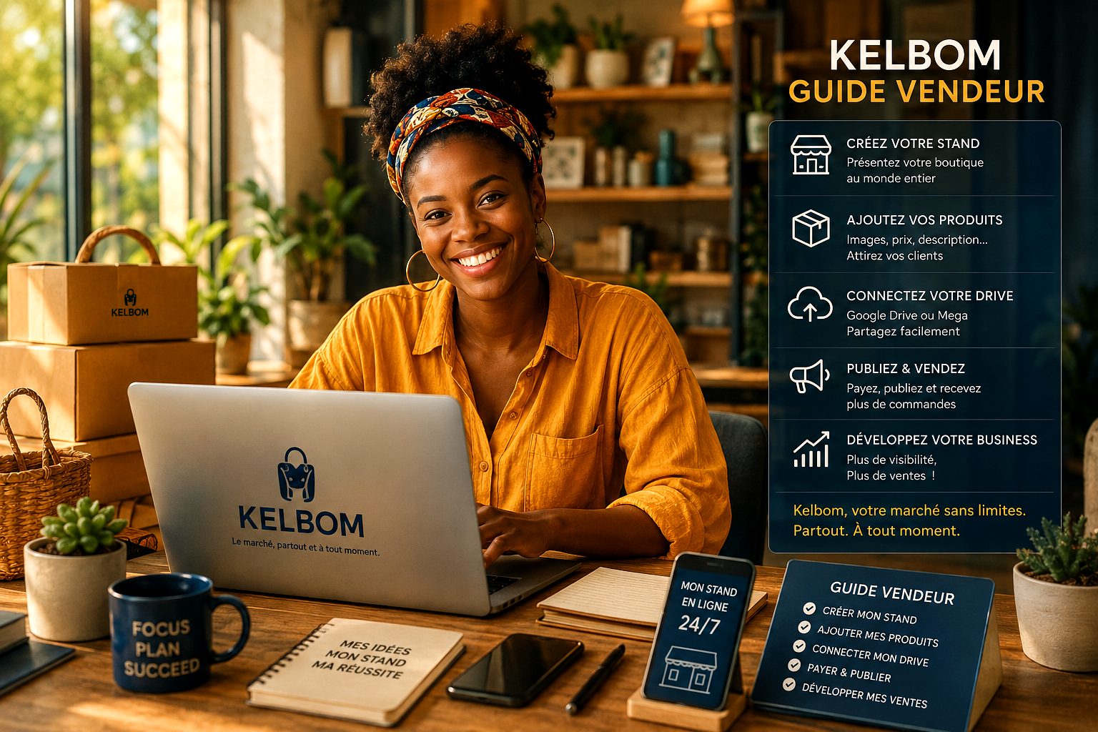 A joyful Kelbom vendor managing her global Stand from a vibrant open-air marketplace